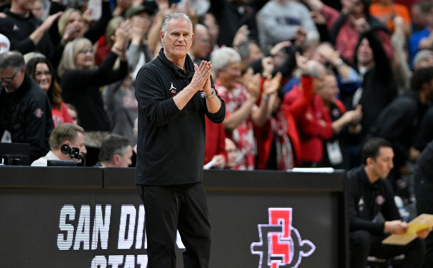 Mar 24, 2023; Louisville, KY, USA; San Diego State Aztecs head coach Brian Dutcher reacts during the second half of the NCAA tournament round of sixteen against the Alabama Crimson Tide at KFC YUM! Center. Mandatory Credit: Jamie Rhodes-USA TODAY Sports